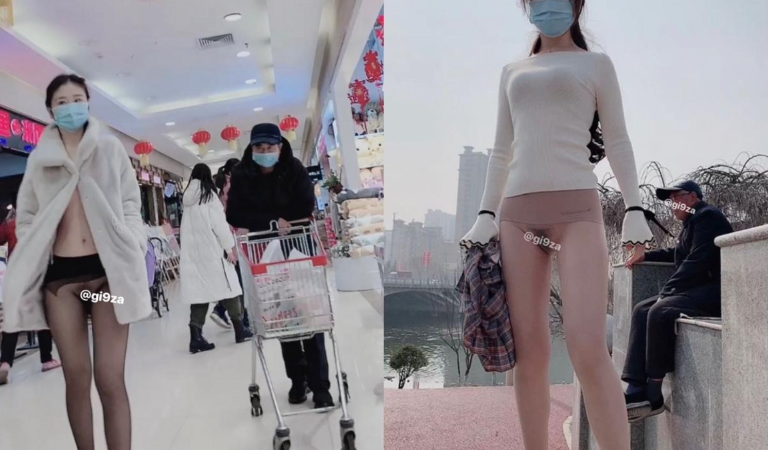 专注人前露出与路人同框美腿女神GI9ZA视图集，公园超市广场哪人多往哪去和老登一起锻炼